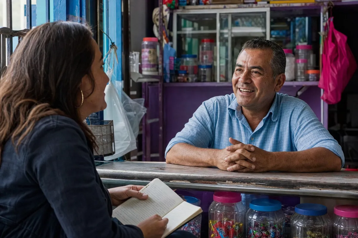 Mujer con una libreta conversa con un cliente sonriente en el mostrador de una tienda de barrio