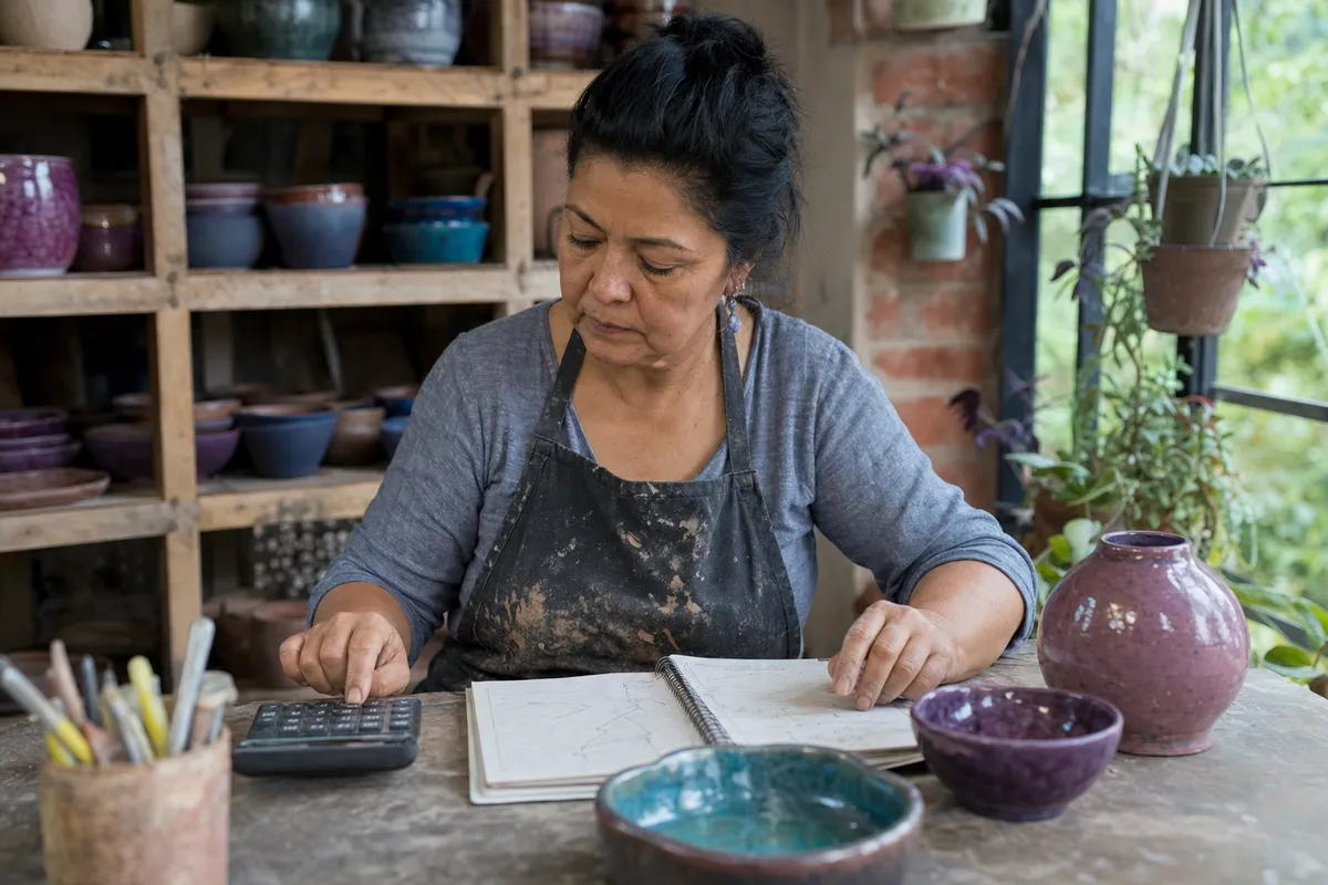Ceramista calcula costos con una calculadora y un cuaderno en su taller, rodeada de piezas