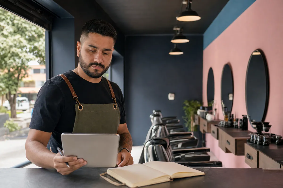 Dueño de una barbería revisa costos en una tableta y un cuaderno junto al mostrador