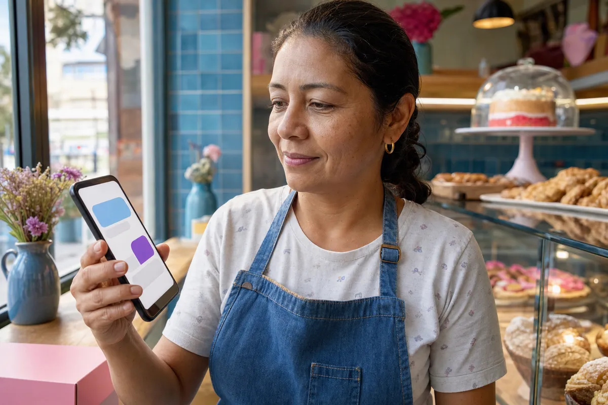 Dueña de una panadería-café en Colombia consulta en su celular una respuesta de un buscador con inteligencia artificial