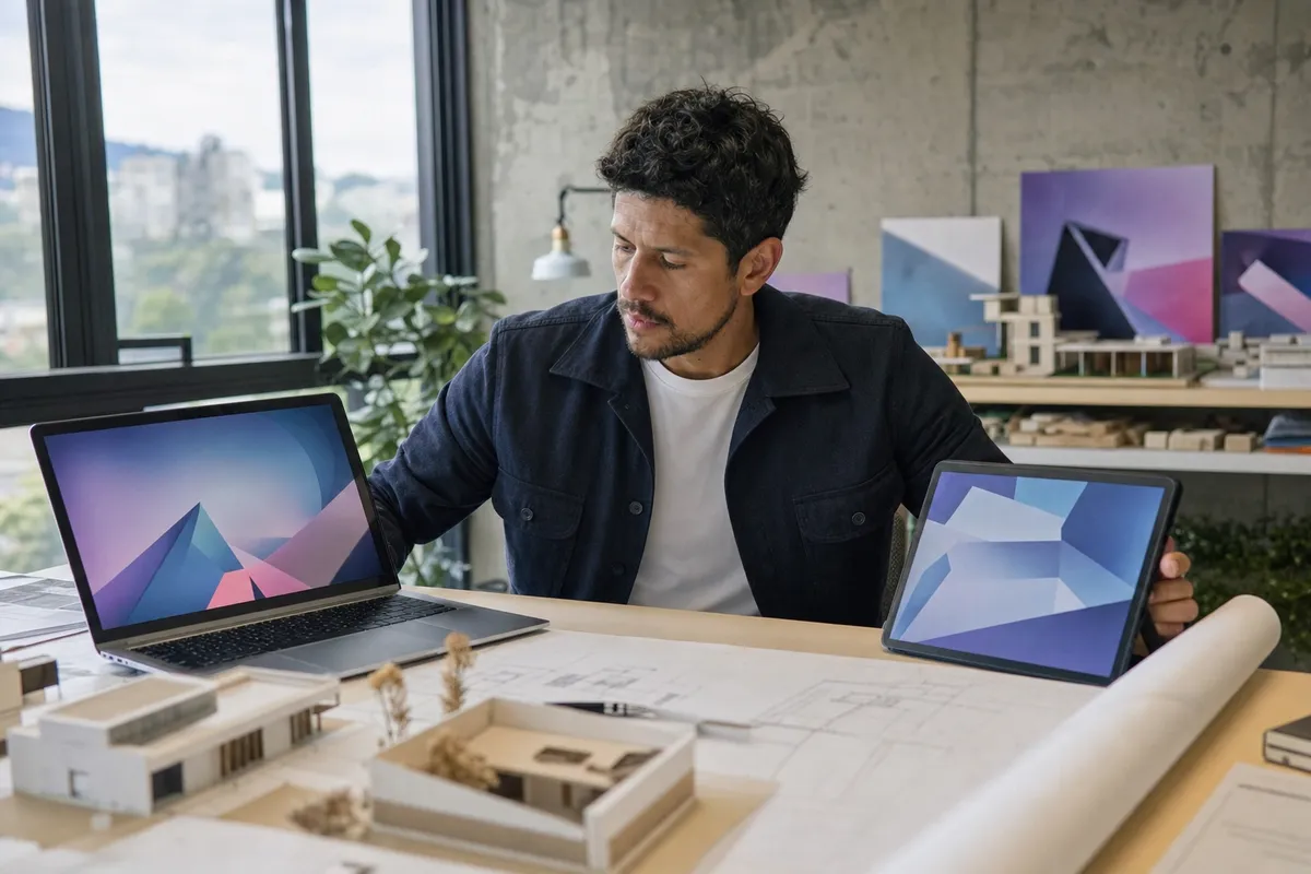 Arquitecto en su estudio compara su sitio web en un portátil y en una tableta, rodeado de maquetas