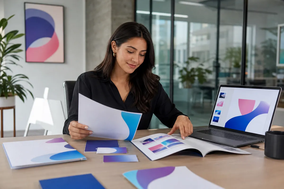 Tres personas conversan en un taller con notas de colores y un muro de referencias visuales