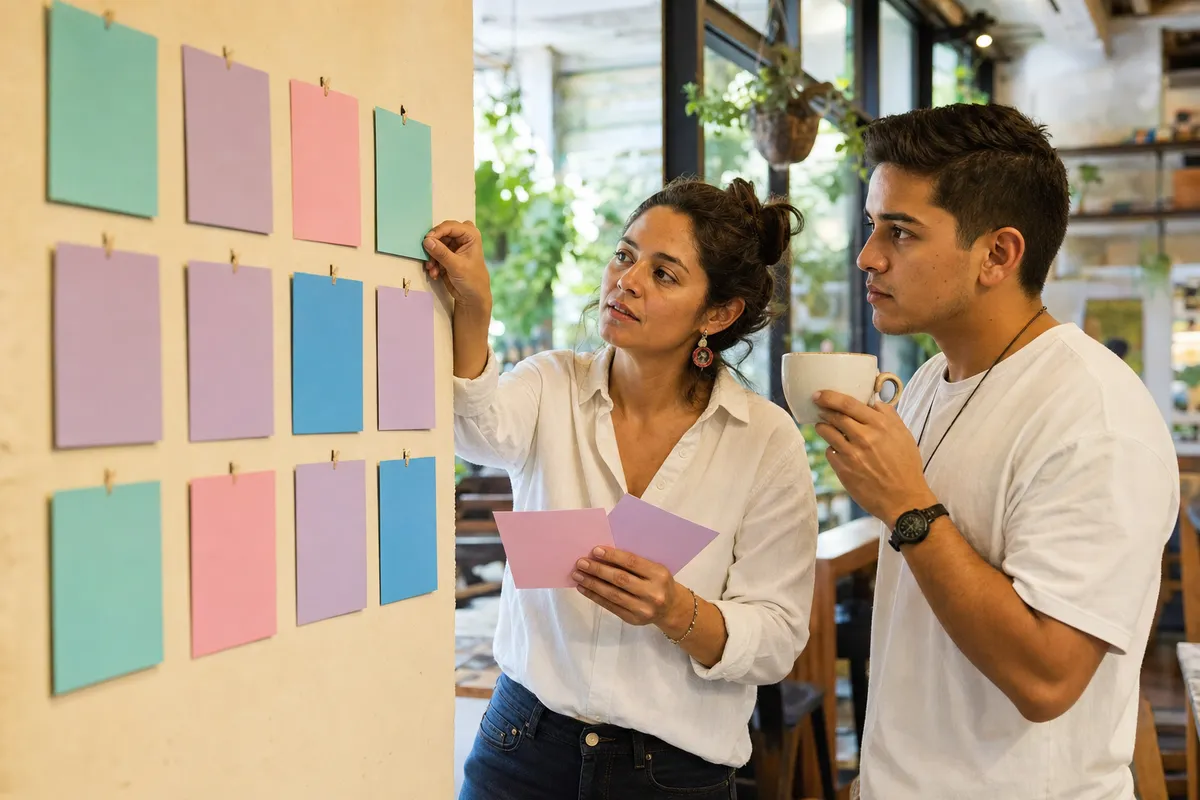 Dos personas planean contenidos en un café con tarjetas de colores en blanco pegadas en la pared