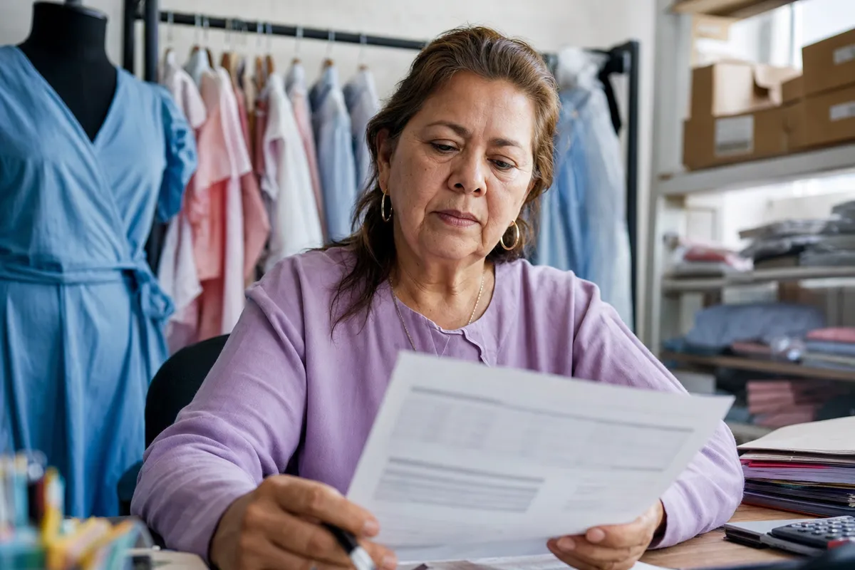 Dueña de una boutique lee con atención un documento en la trastienda de su local