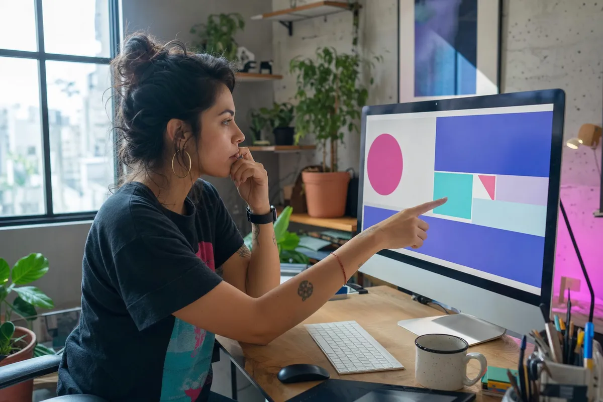 Diseñadora web señala un bloque de color en una pantalla con el diseño de una página, en su estudio