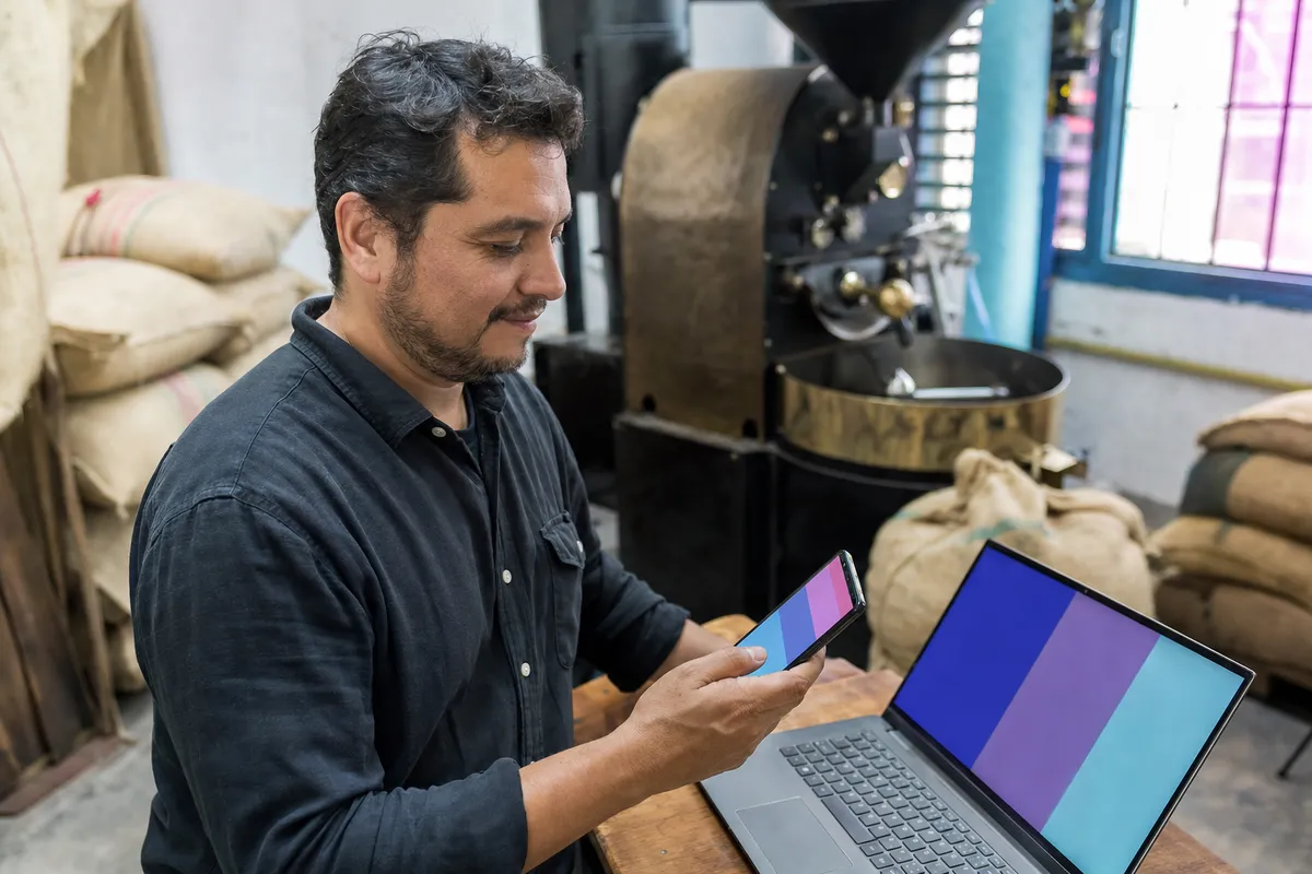 Dueño de una tostadora de café revisa su sitio web en el celular junto a un portátil, entre sacos de café