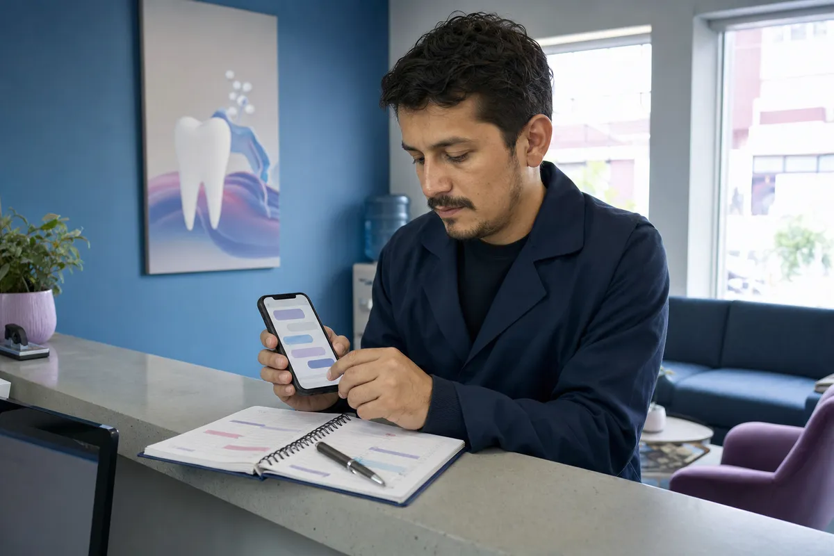 Recepcionista de una clínica odontológica organiza citas desde su celular con una agenda de papel abierta