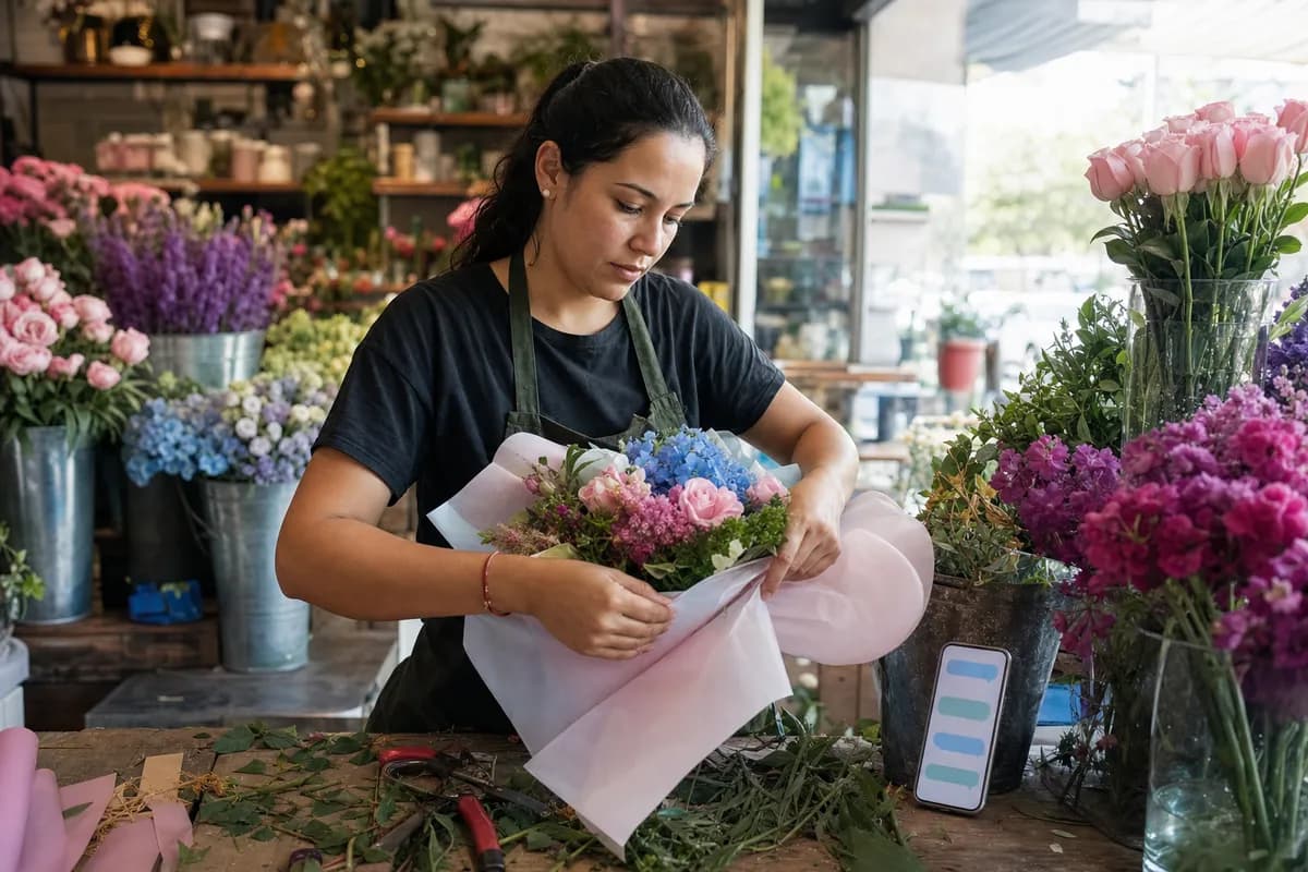 Florista empaca un ramo en su floristería mientras su celular, apoyado en un florero, muestra una conversación